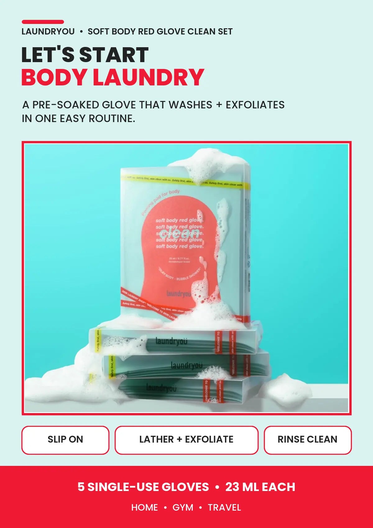LAUNDRYOU pack of five pre-soaked body cleansing gloves for home, gym and travel